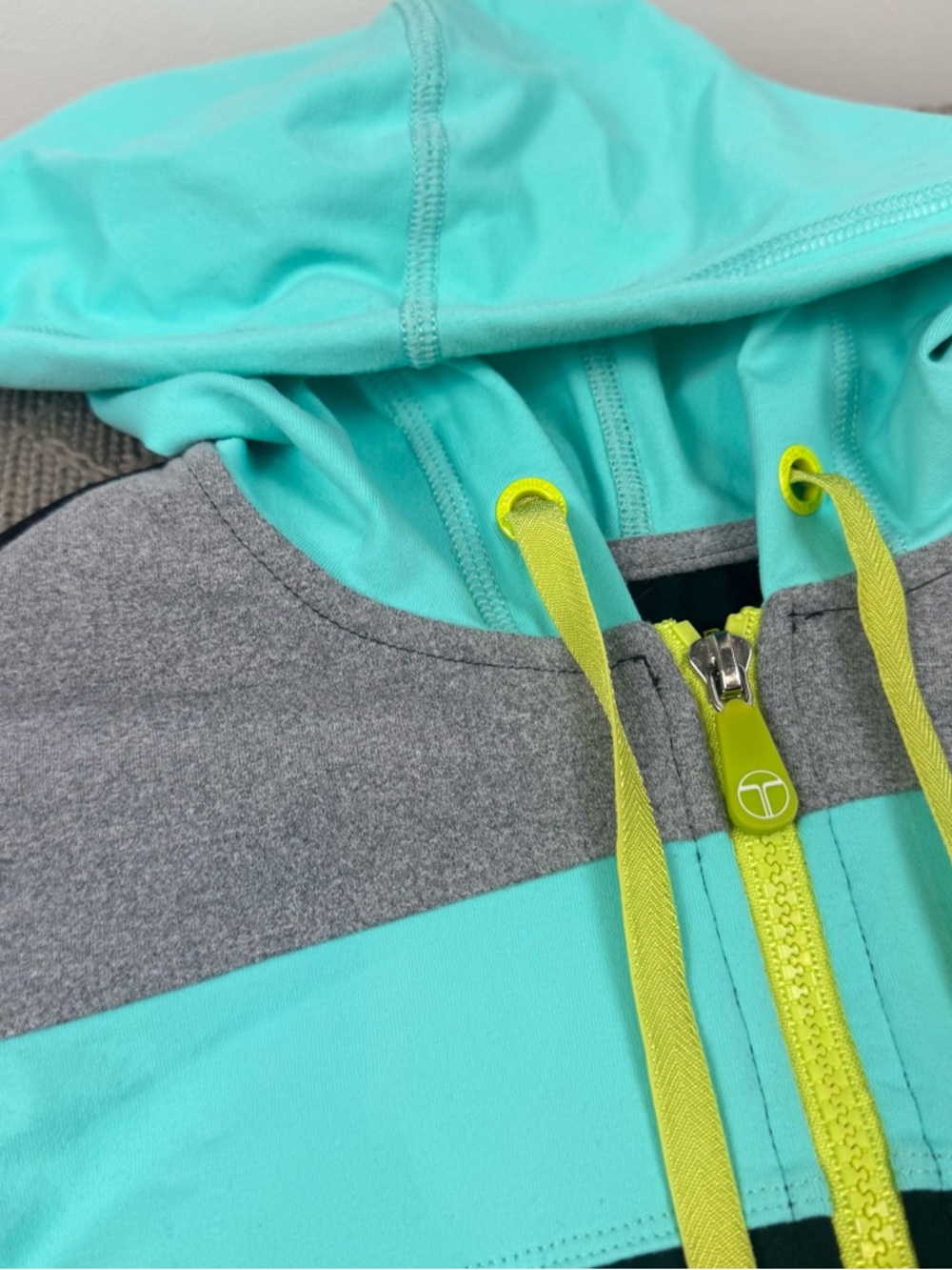Trina Turk Recreation Teal, Black & Gray Colorblock Hoodie with Yellow Logo ~ S - Picture 2 of 12